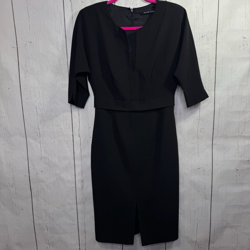Black Halo Black Structured Midi Dress Size 4 Classic Minimalist Timeless Work
